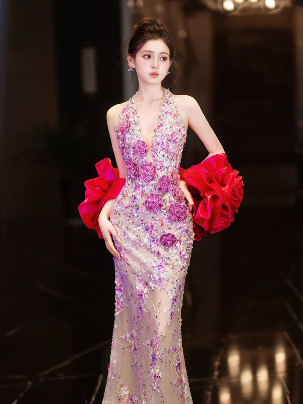Luxury Purple Crystal Mermaid Evening Gown with Handmade Floral Appliqué SL201