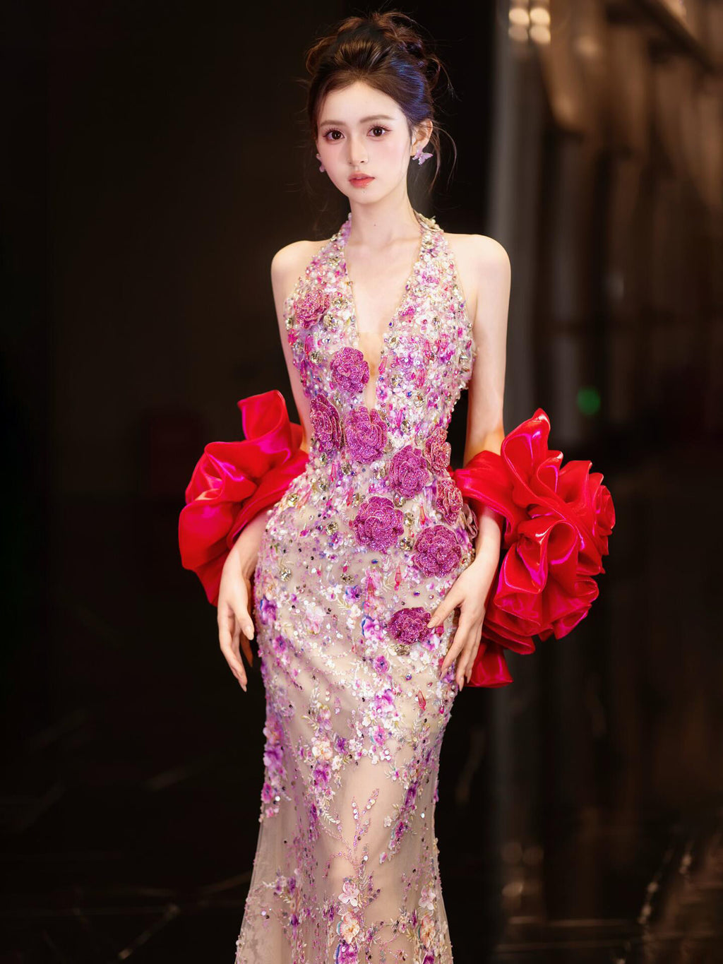 Luxury Purple Crystal Mermaid Evening Gown with Handmade Floral Appliqué SL201
