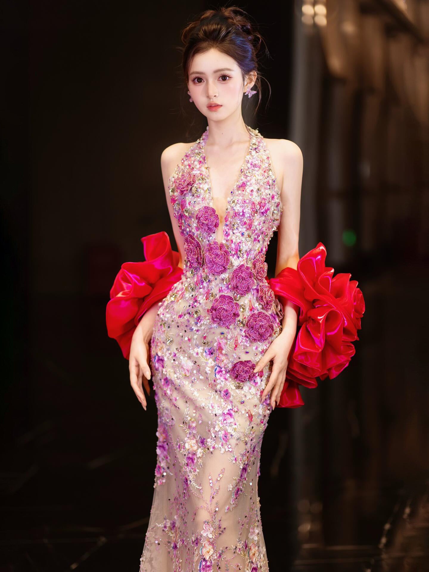 Luxury Purple Crystal Mermaid Evening Gown with Handmade Floral Appliqué SL201