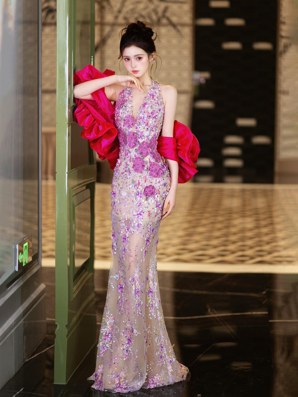 Luxury Purple Crystal Mermaid Evening Gown with Handmade Floral Appliqué SL201