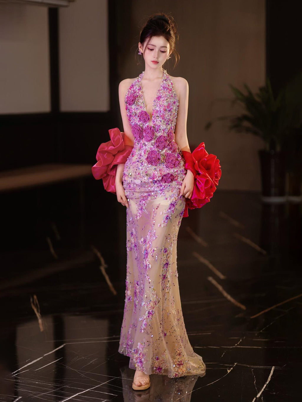 Luxury Purple Crystal Mermaid Evening Gown with Handmade Floral Appliqué SL201
