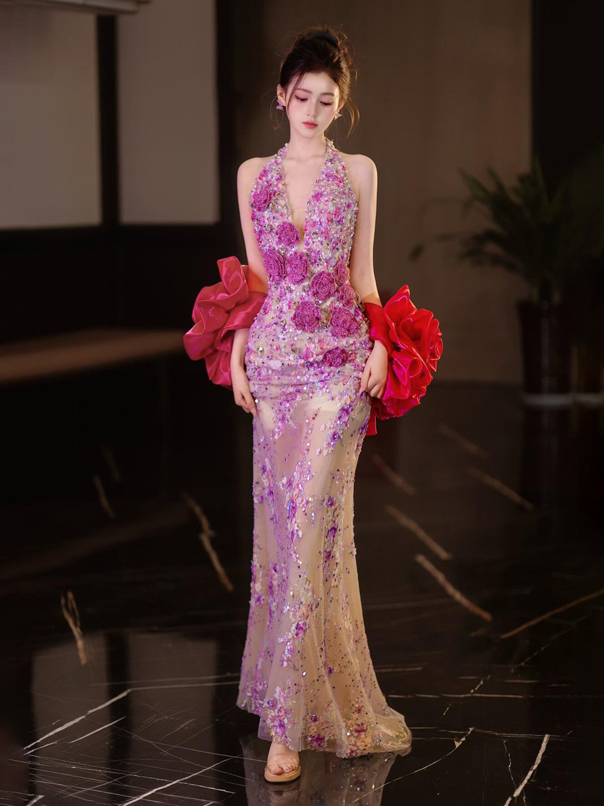 Luxury Purple Crystal Mermaid Evening Gown with Handmade Floral Appliqué SL201