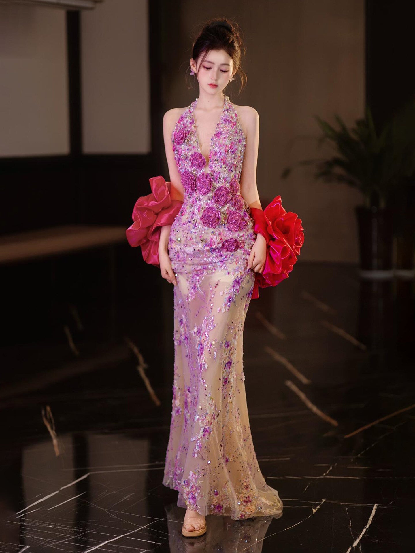 Luxury Purple Crystal Mermaid Evening Gown with Handmade Floral Appliqué SL201