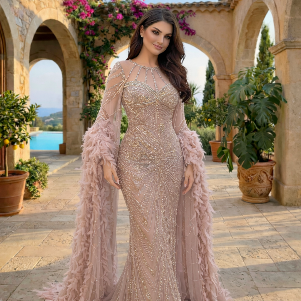 Champagne Feather Trim Crystal Mermaid Dress for Prom Formal Events SL169