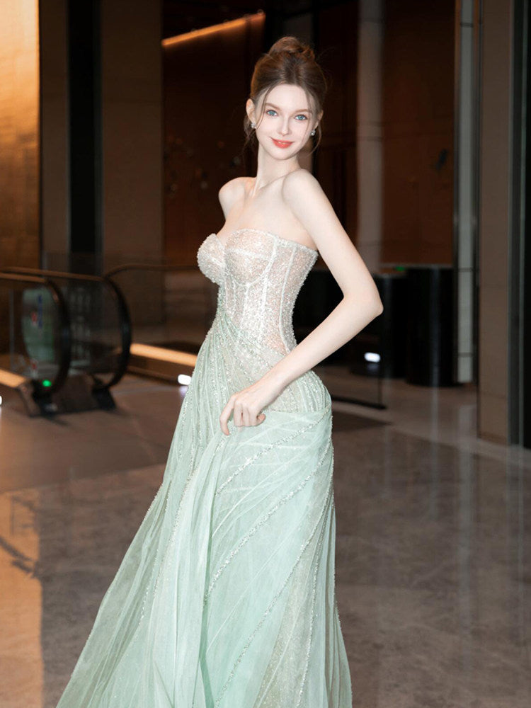 Mint Green Sparkle A-Line Ball Gown Strapless Evening Dress SL203