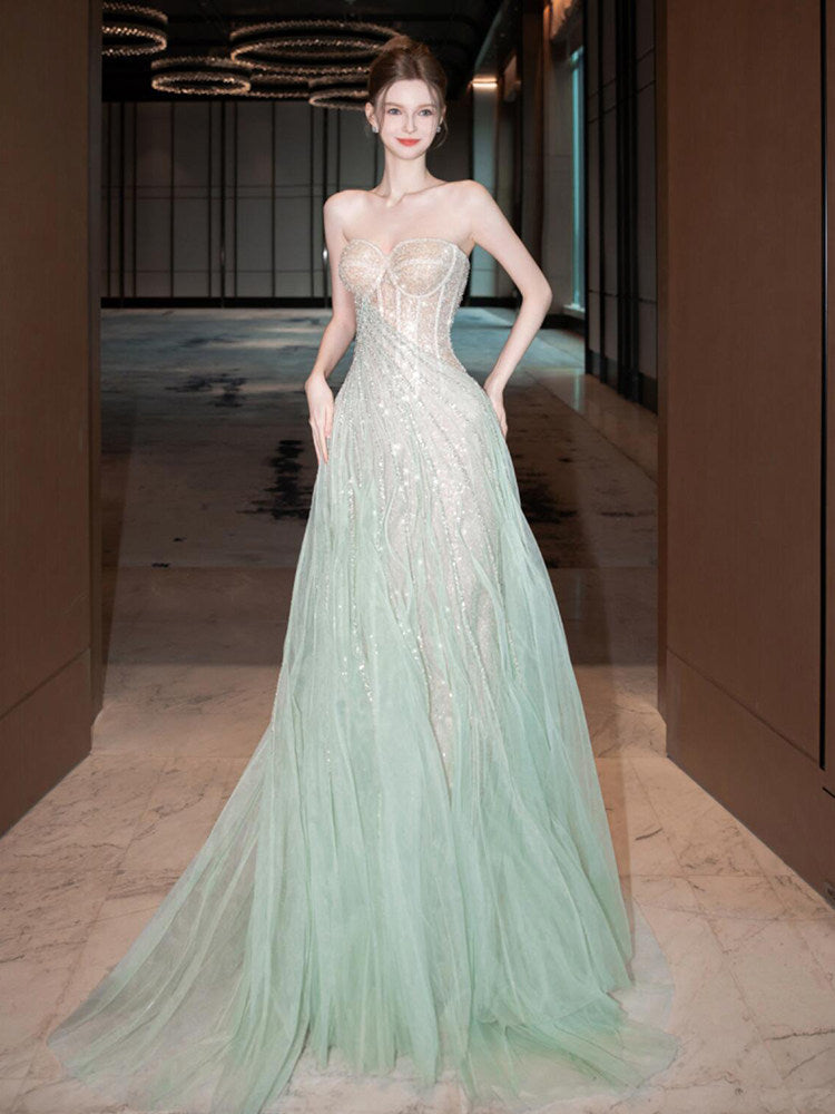 Mint Green Sparkle A-Line Ball Gown Strapless Evening Dress SL203