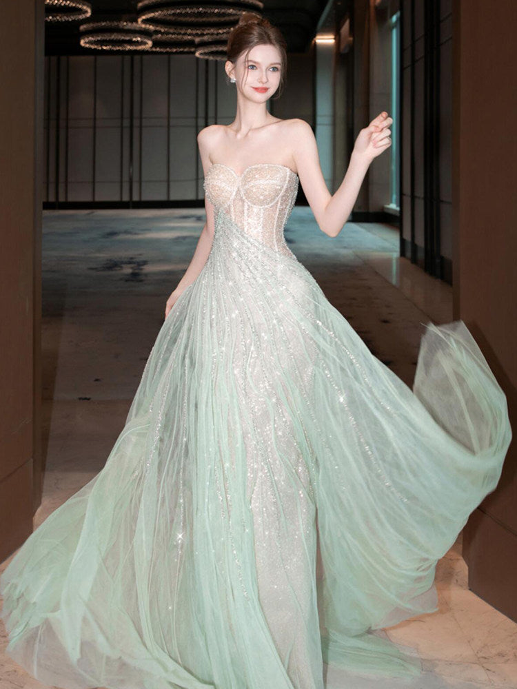 Mint Green Sparkle A-Line Ball Gown Strapless Evening Dress SL203