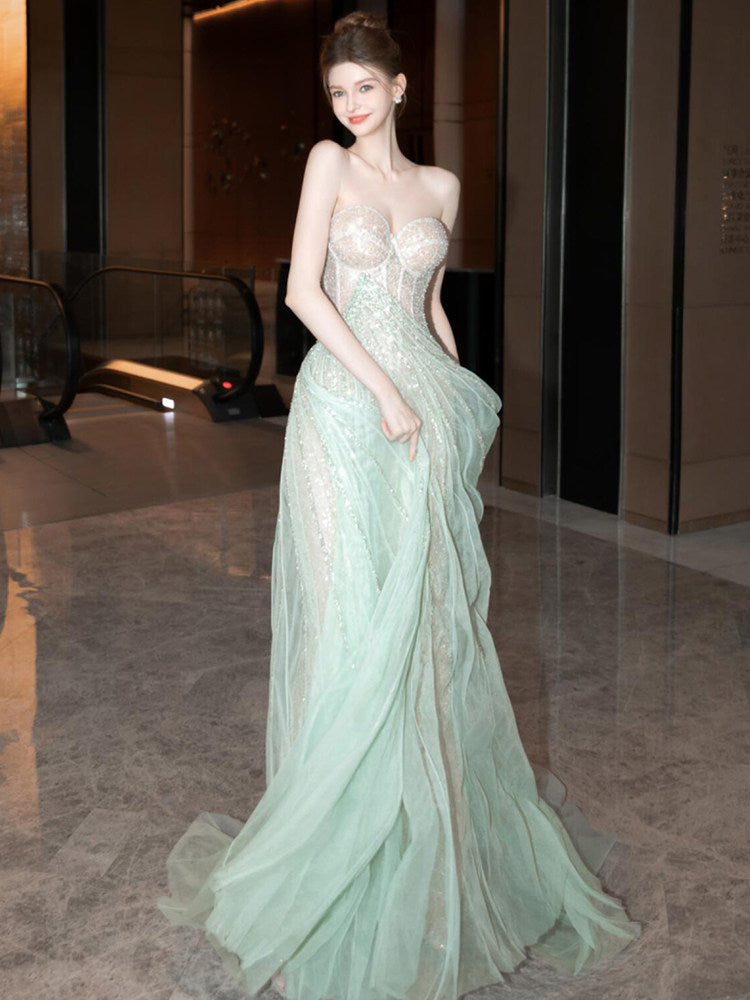 Mint Green Sparkle A-Line Ball Gown Strapless Evening Dress SL203