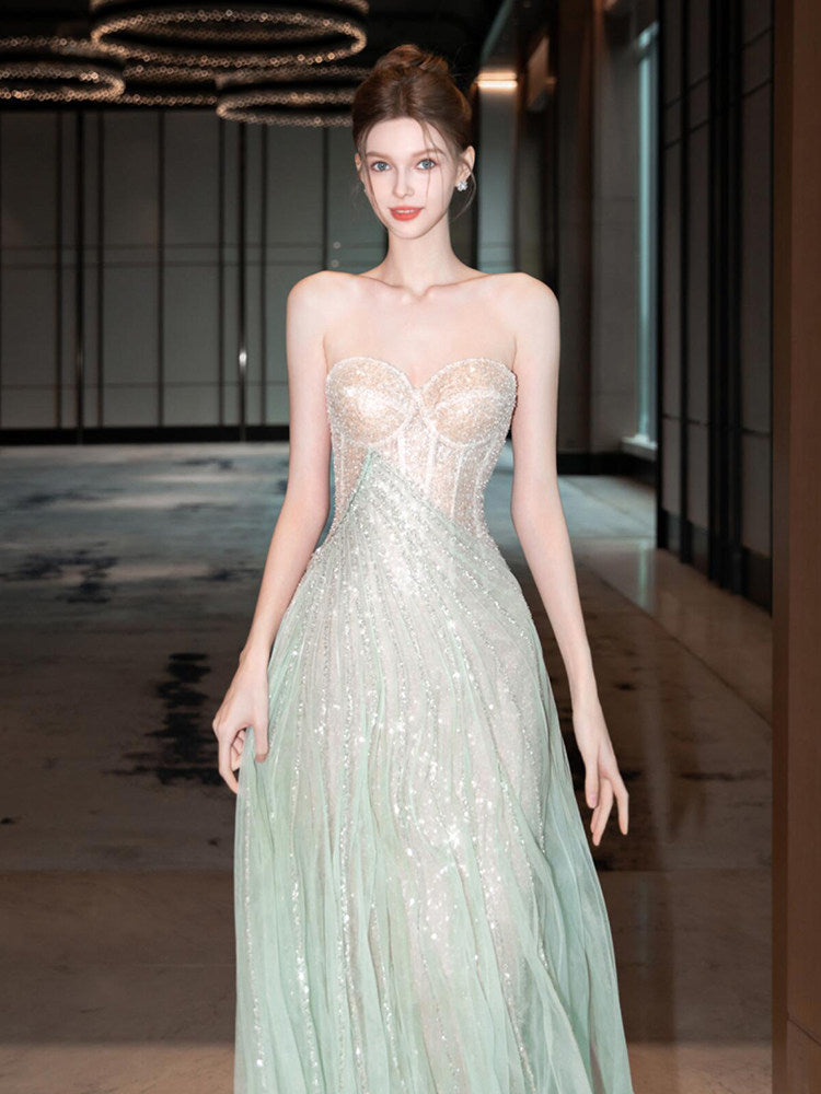 Mint Green Sparkle A-Line Ball Gown Strapless Evening Dress SL203