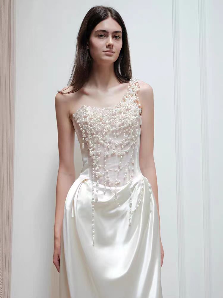 French strapless satin evening dress