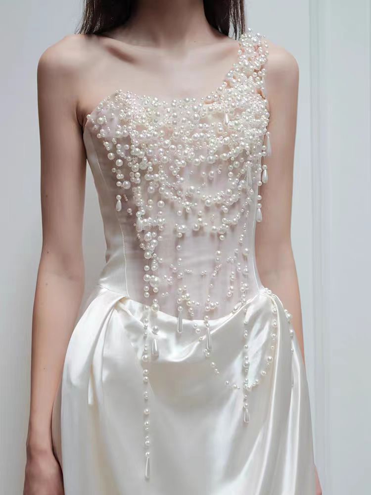 French strapless satin evening dress