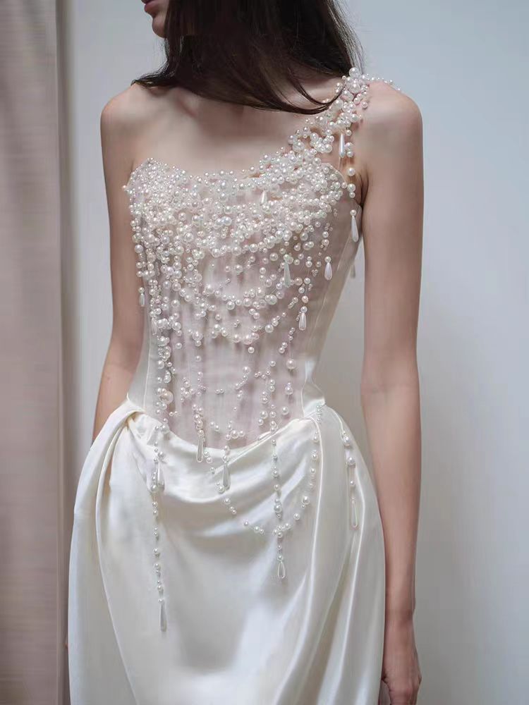 French strapless satin evening dress