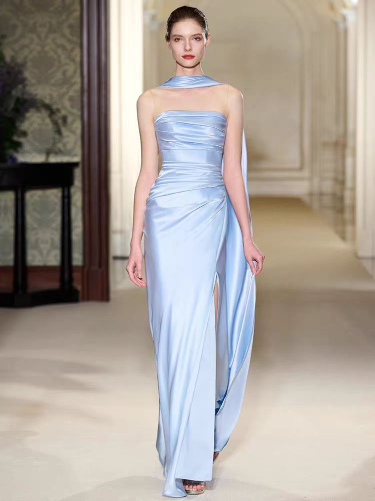 High end satin evening gown for French socialites