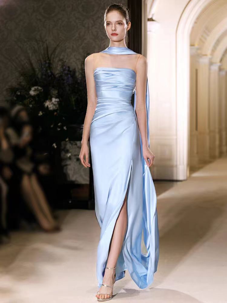High end satin evening gown for French socialites