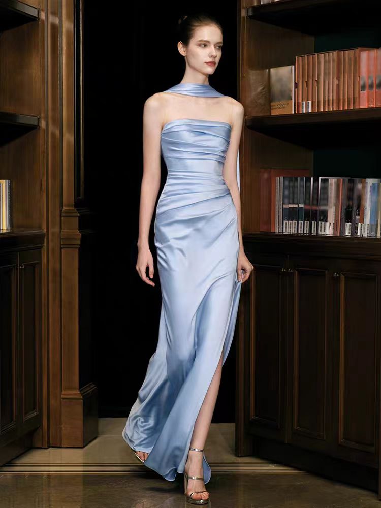 High end satin evening gown for French socialites