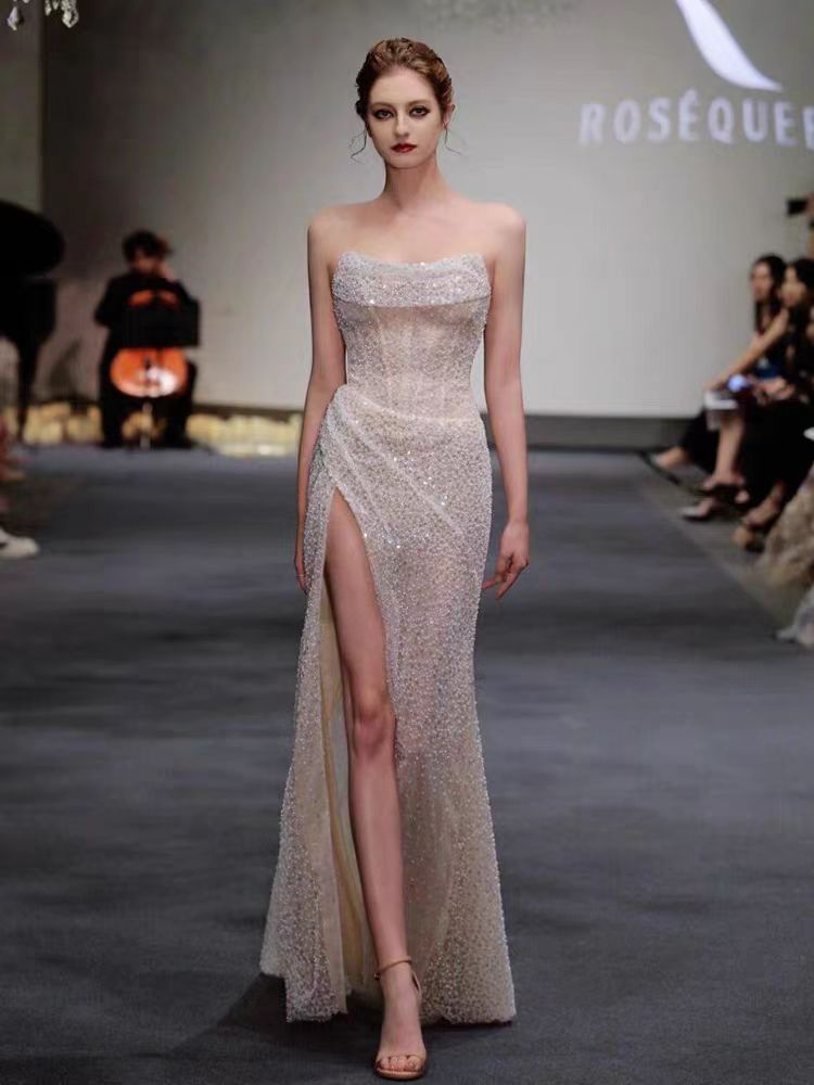 Fish tail strapless evening dress sequined dress temperament Socialite style sexy trailing light veil