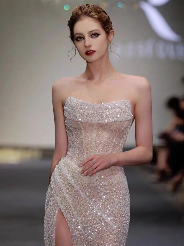 Fish tail strapless evening dress sequined dress temperament Socialite style sexy trailing light veil