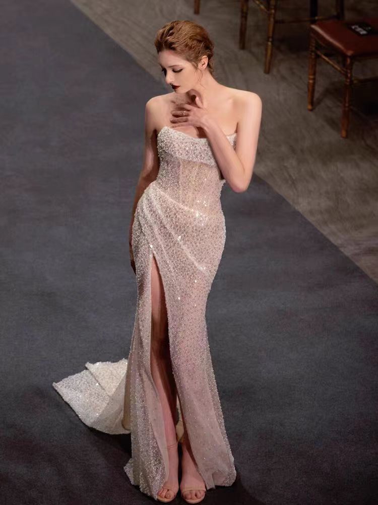 Fish tail strapless evening dress sequined dress temperament Socialite style sexy trailing light veil