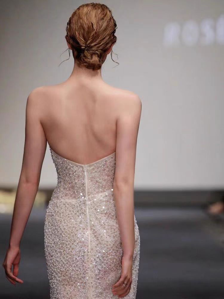 Fish tail strapless evening dress sequined dress temperament Socialite style sexy trailing light veil