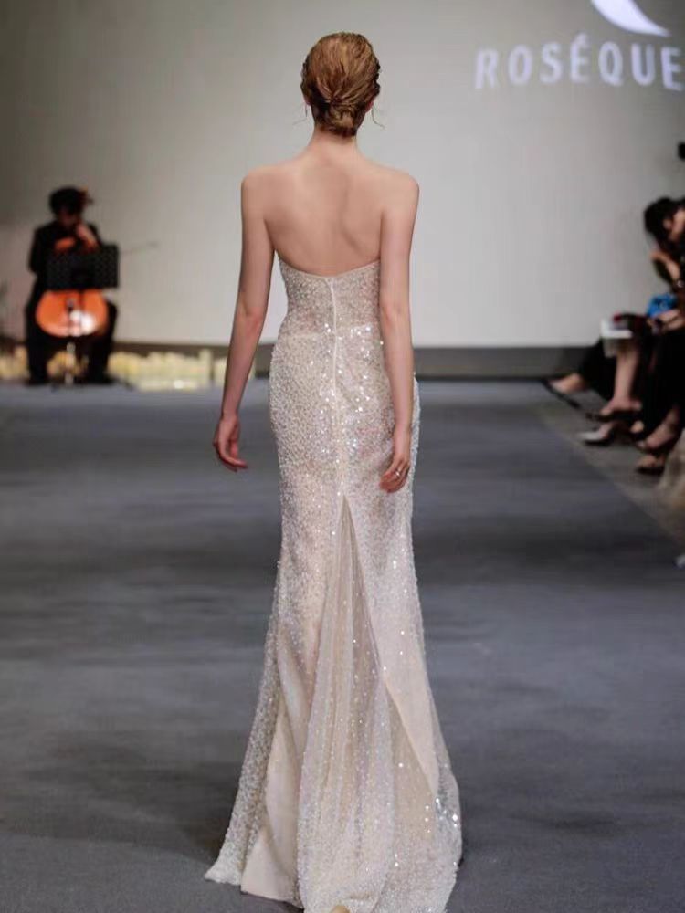 Fish tail strapless evening dress sequined dress temperament Socialite style sexy trailing light veil