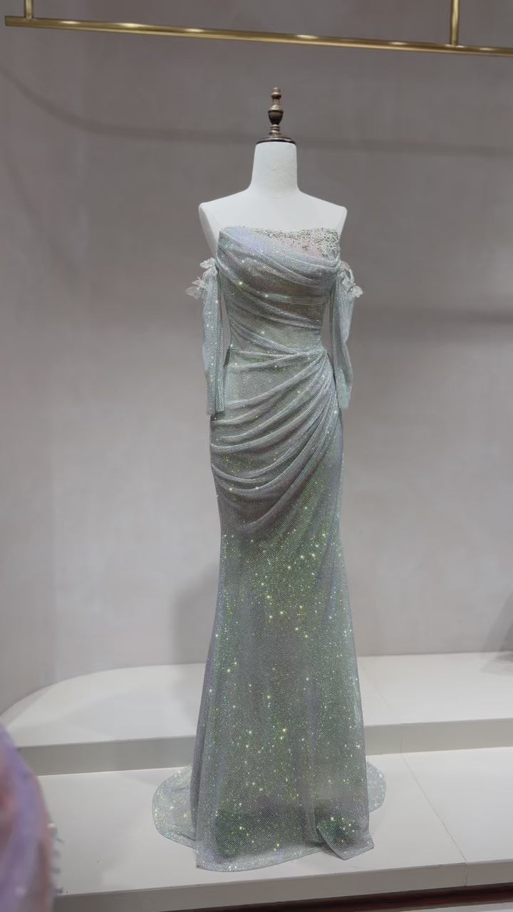 Sparkling Ice Blue Strapless Mermaid Dress with Detachable Train SL226