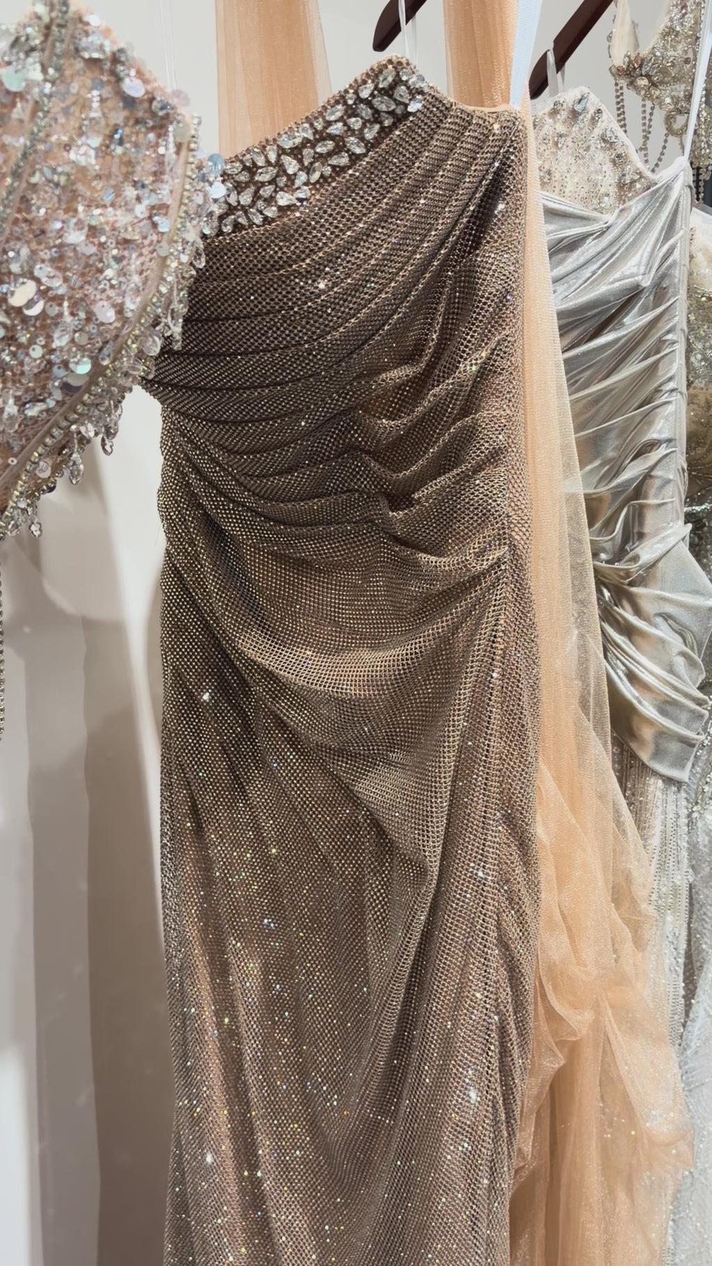 Glamorous Champagne Gold Draped Glitter Evening Gown with Sheer Cape SL211