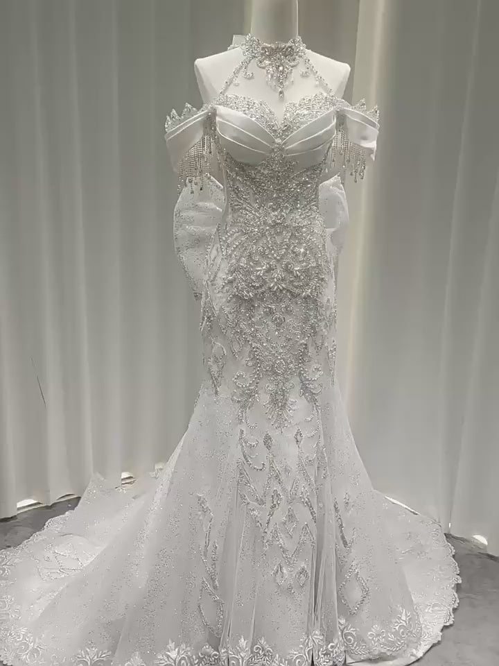 Twinklegowns Luxury Off-Shoulder Mermaid Wedding Dress with Crystal Beading SL151