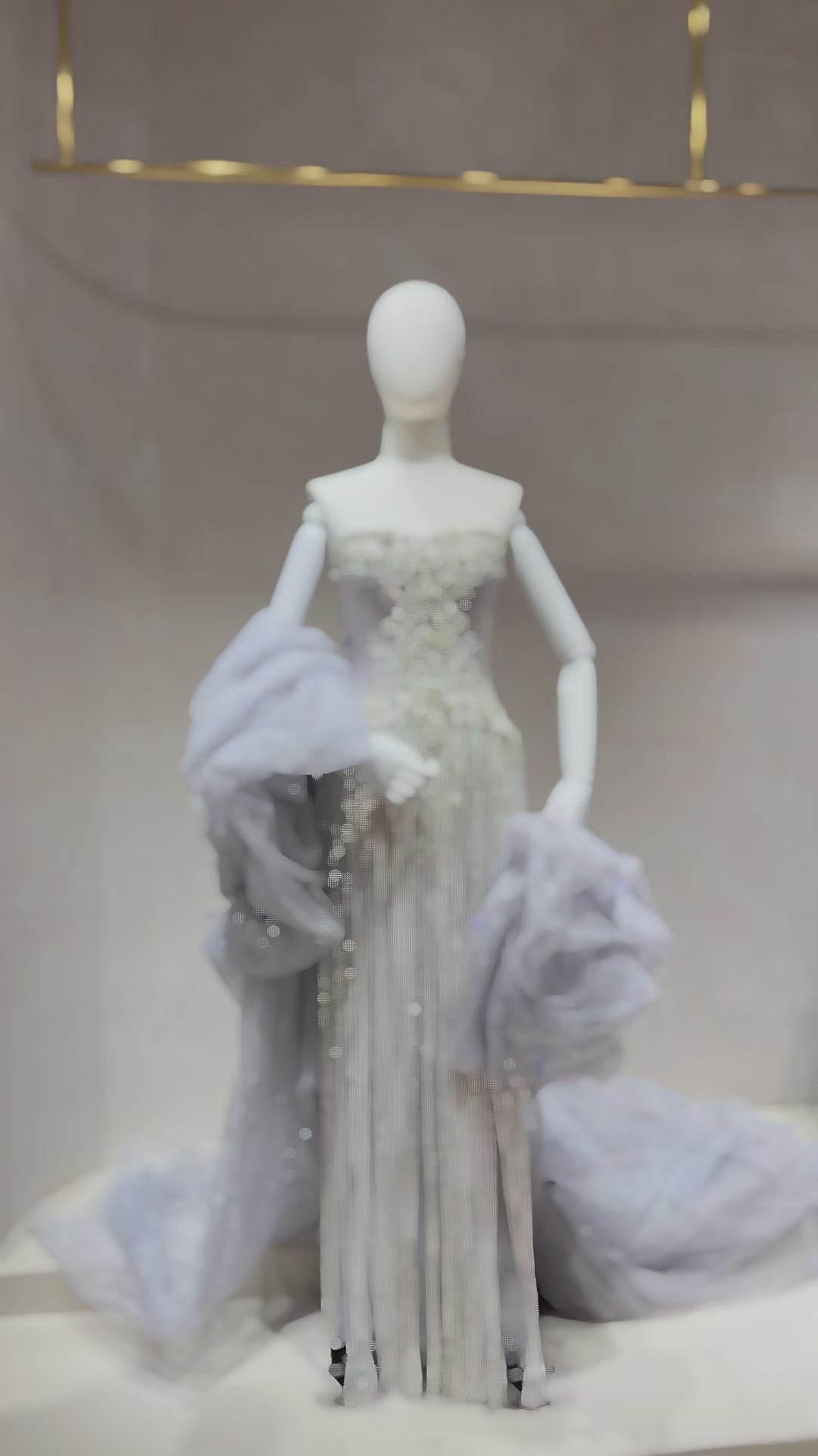 Dusty Blue Beaded Fringe Strapless Evening Gown with Detachable Tulle Cape SL231