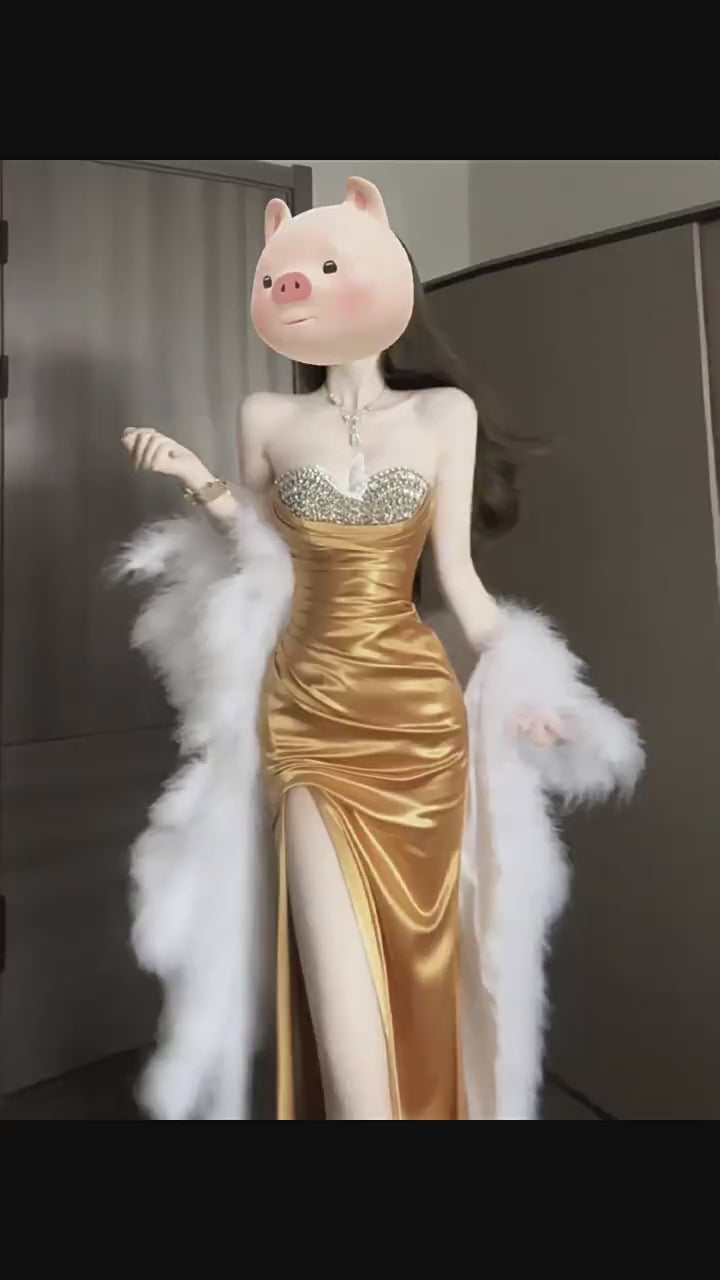 Golden Athena Luxurious Strapless Dress with Pleated Waist Party Gown Y114