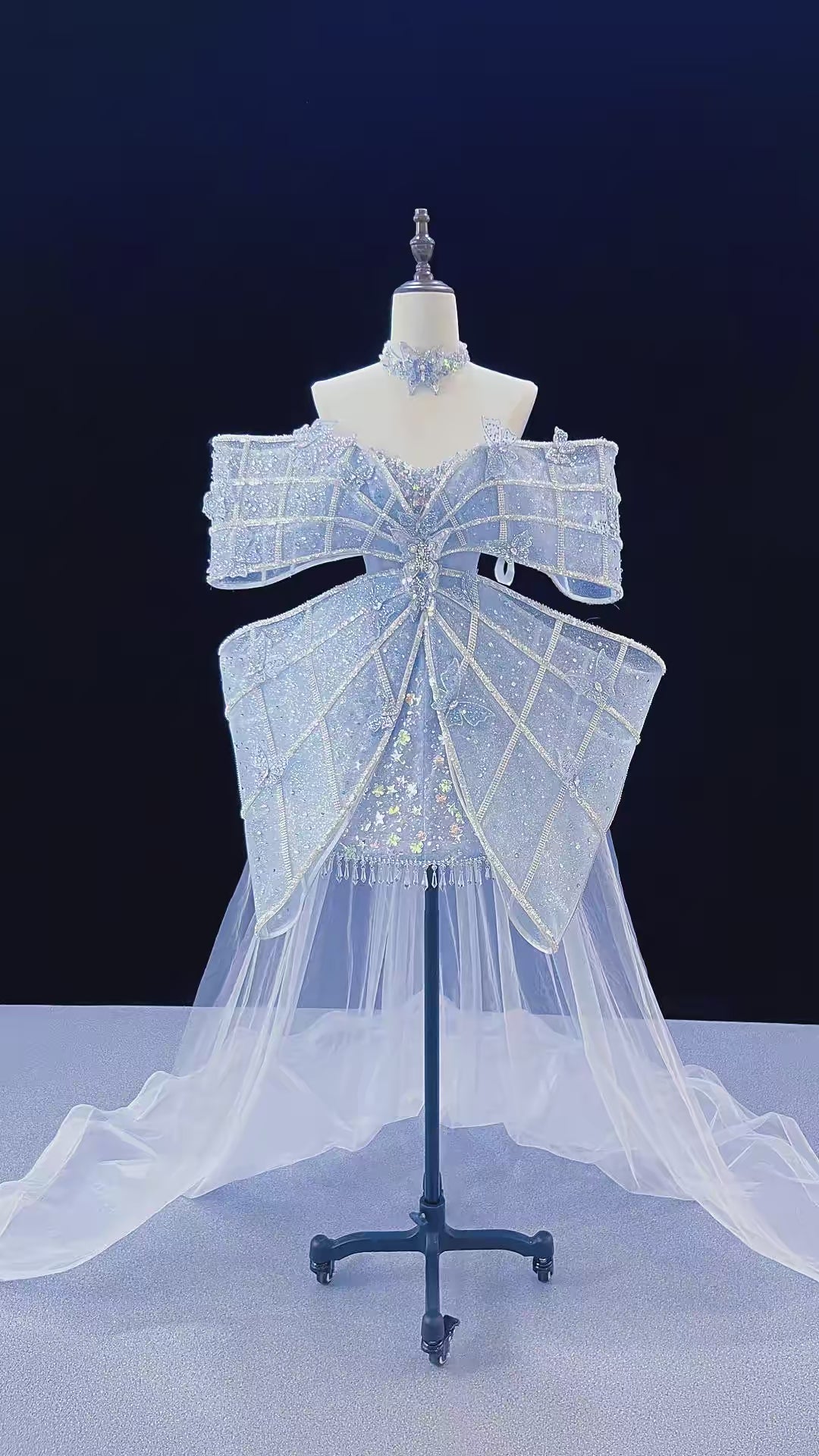 SL244 Icy Blue Off-Shoulder Crystal Bow Mini Prom Dress