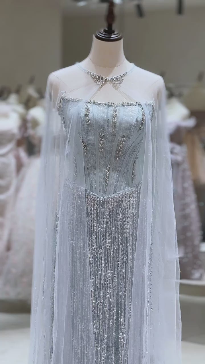 Luxury Light Blue Crystal Evening Gown with Sheer Cape SL206