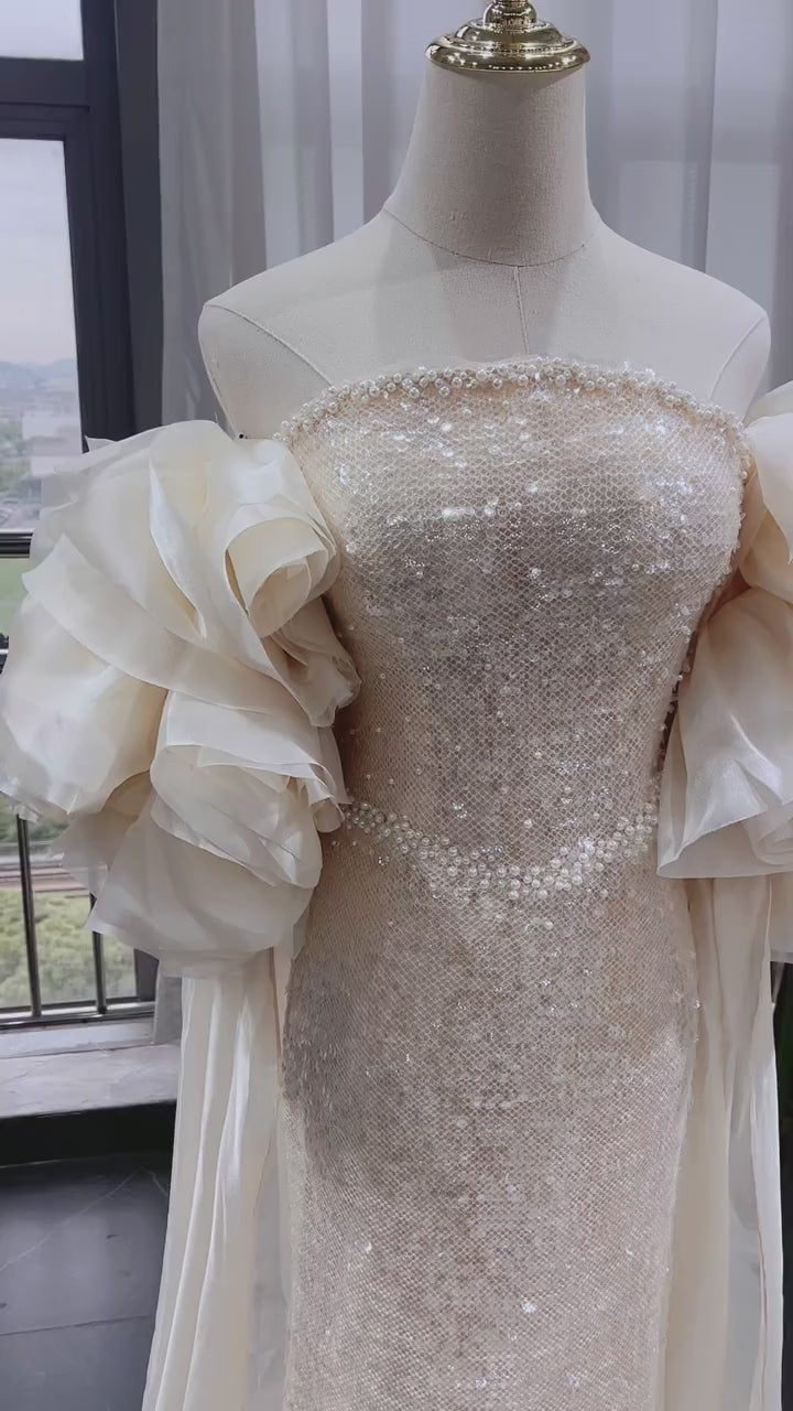 Champagne Sequin Ruffle Sleeve Mermaid Evening Gown EL102