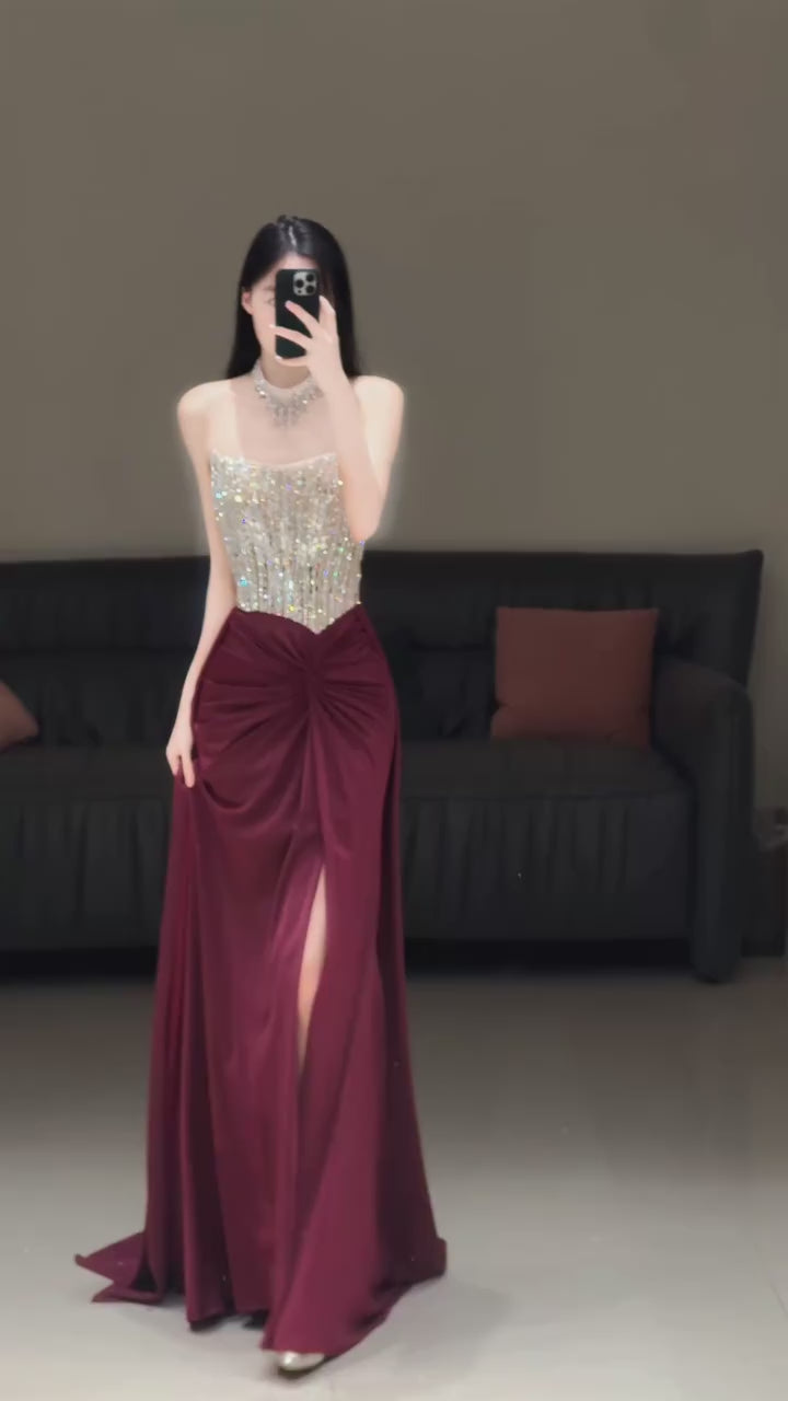 Radiant Silver Burgundy Couture Gown 2026 New Year Prom Dress AF119