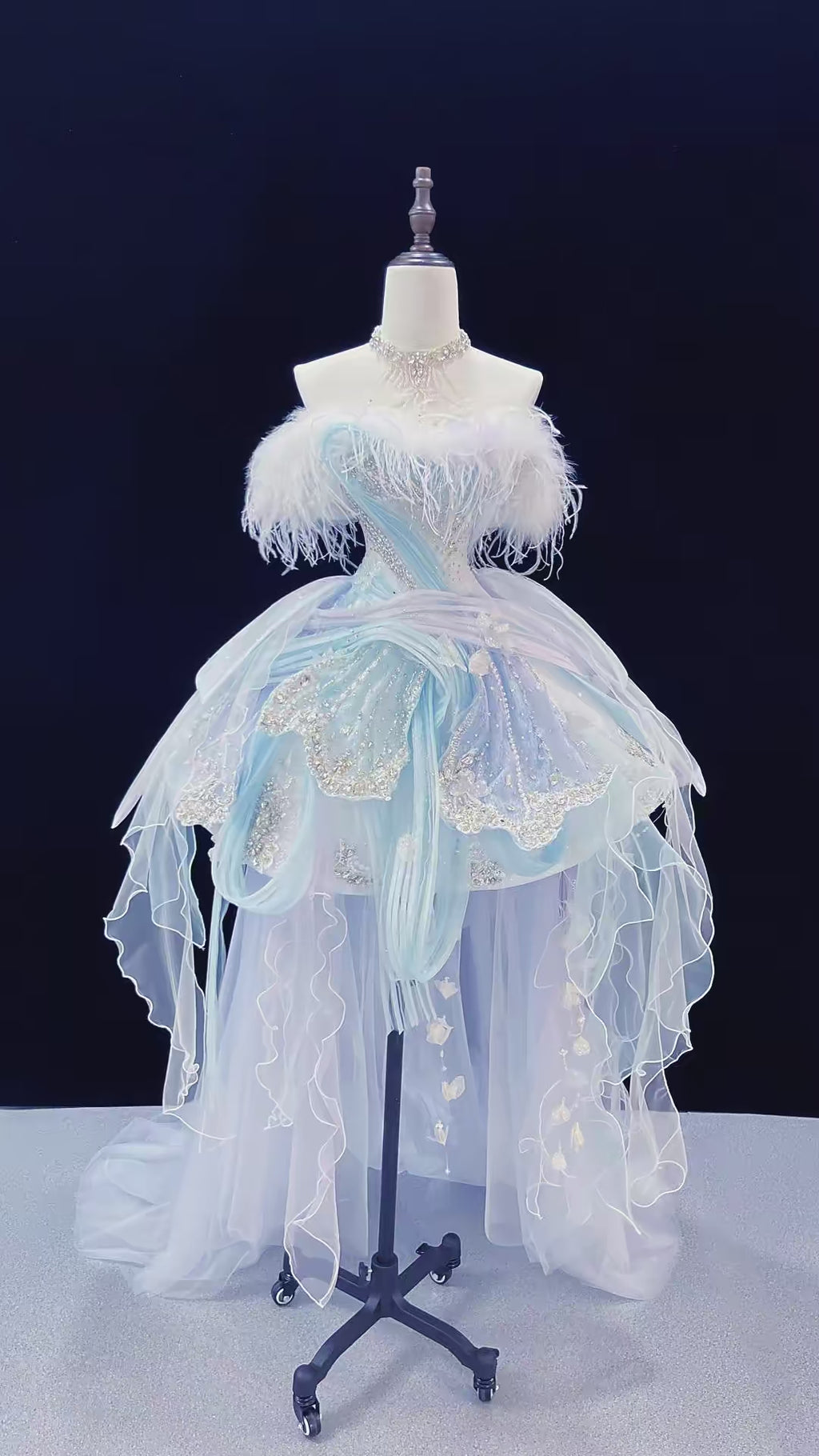 SL239 Ice Blue Off-Shoulder Mini Prom Dress with Feather Trim Crystal Embellishments