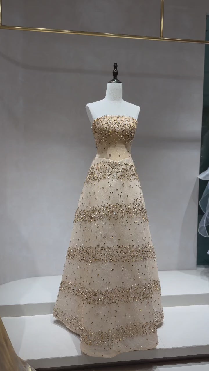 Glittering Champagne Strapless Evening Dress Beaded A-Line Formal Gown SL225