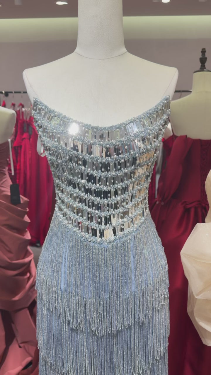 Silver Strapless Sequin Fringe Maxi Dress SL253