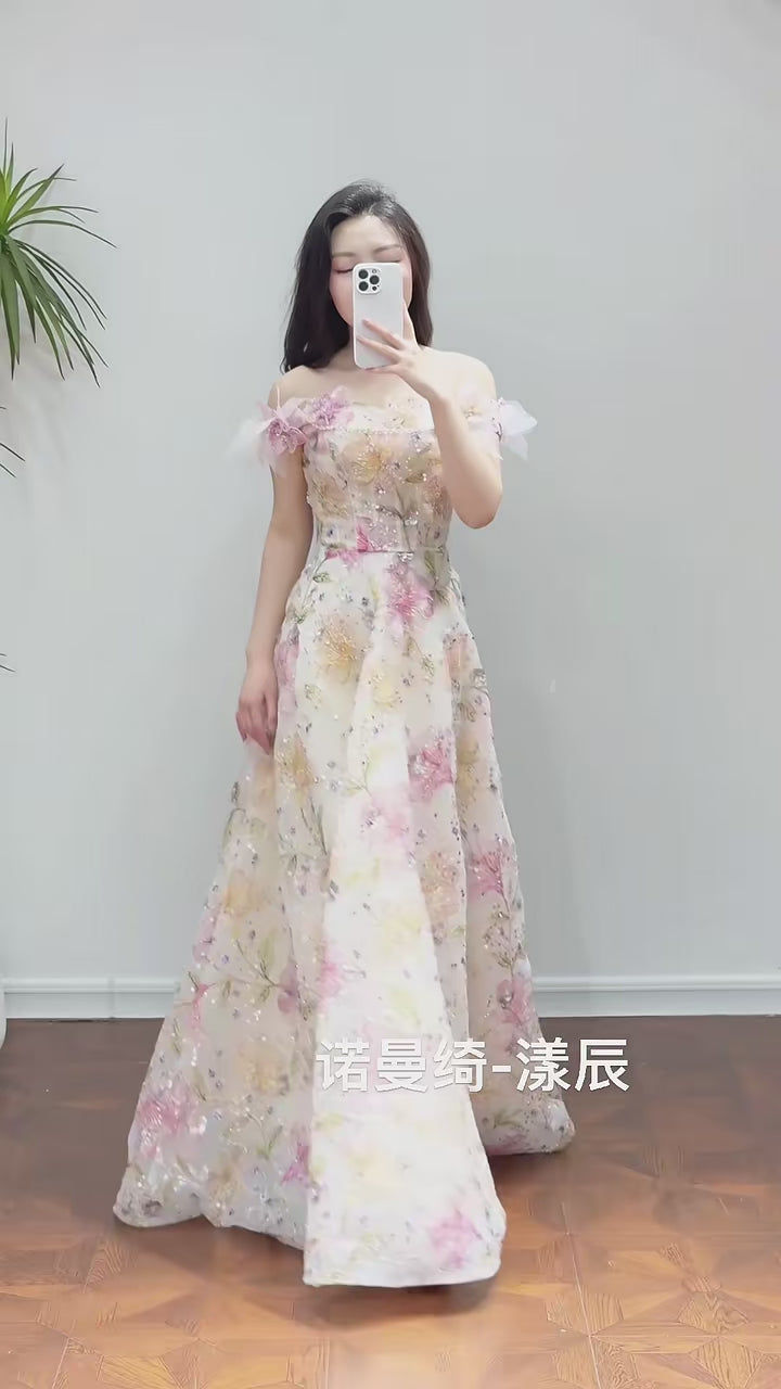 Luxury Champagne Floral Embroidery Evening Gown Off-Shoulder Couture Ball Gown WL163