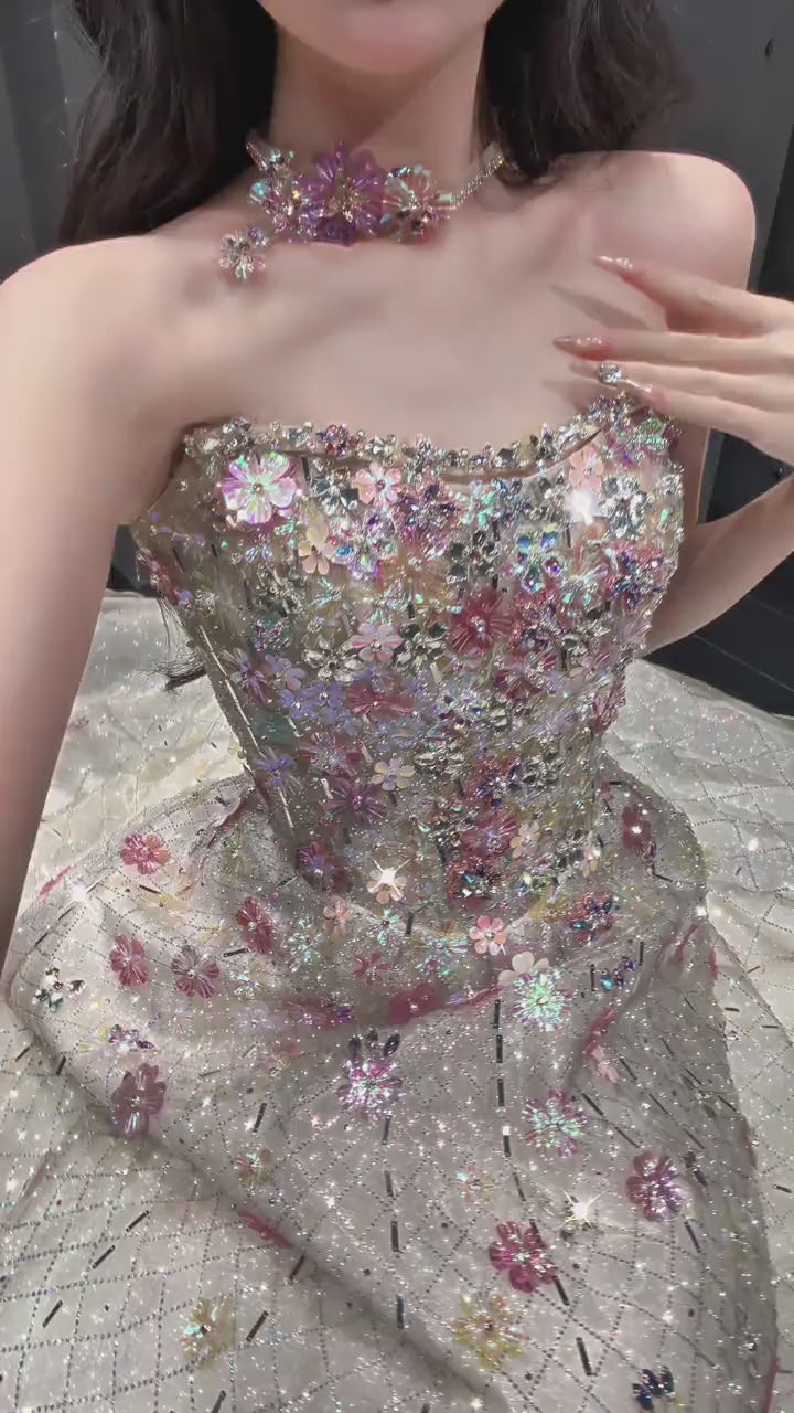 Romantic Strapless Embellished Formal Dress with Train SL163