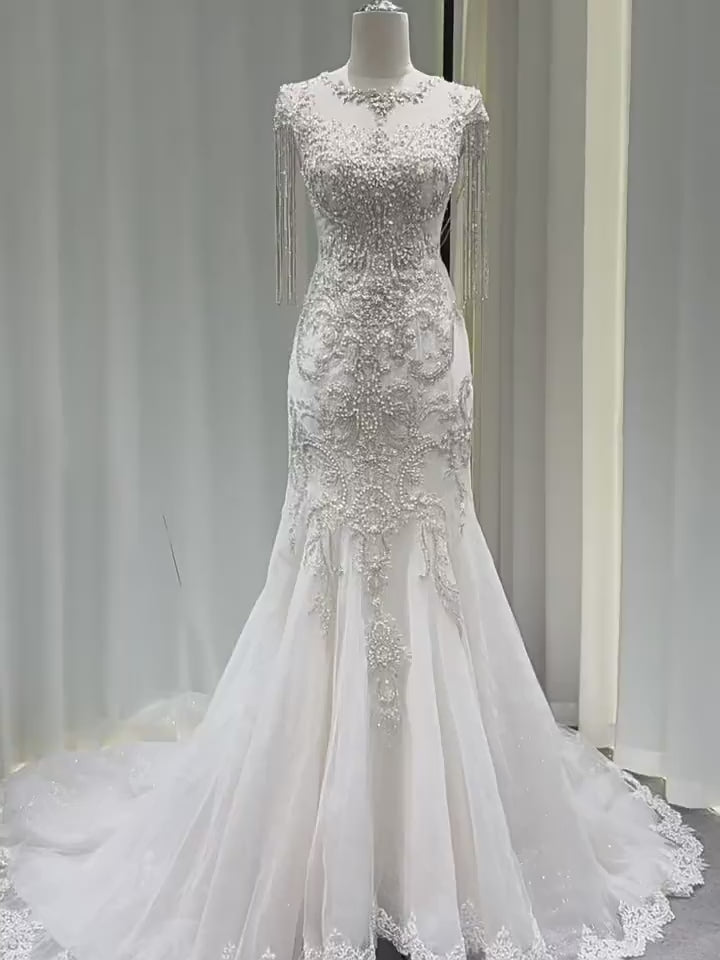 Twinklegowns Mermaid Wedding Dress Featuring Pearl Beading and Crystal Tassels SL152