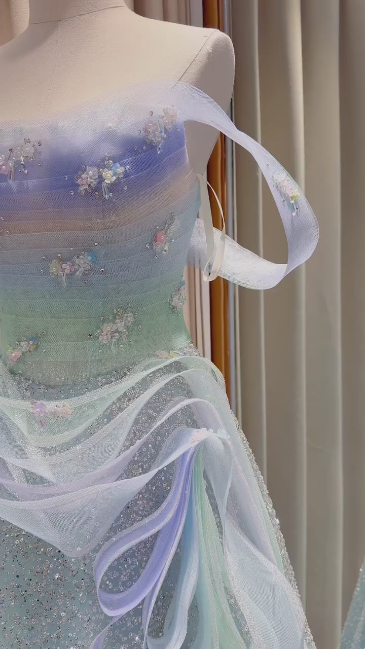 Pastel Ombre Off-Shoulder Crystal Beaded Princess Prom Dress SL207