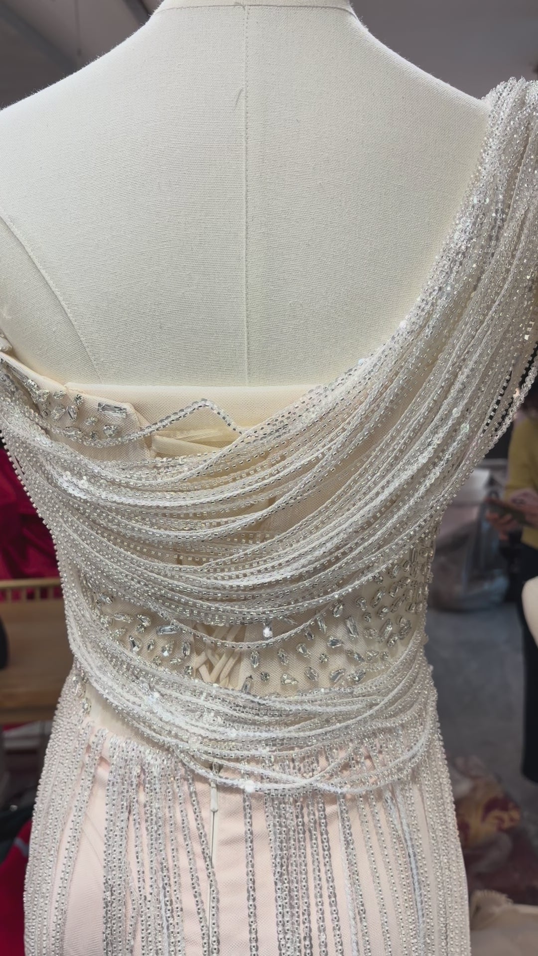 SL248 Silver One Shoulder Beaded Fringe Evening Dress with Rhinestones