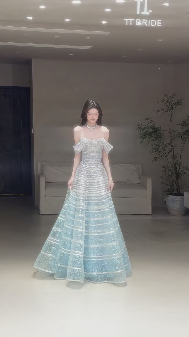 SL219 Dreamy Off-Shoulder Blue Glitter A-Line Evening Dress