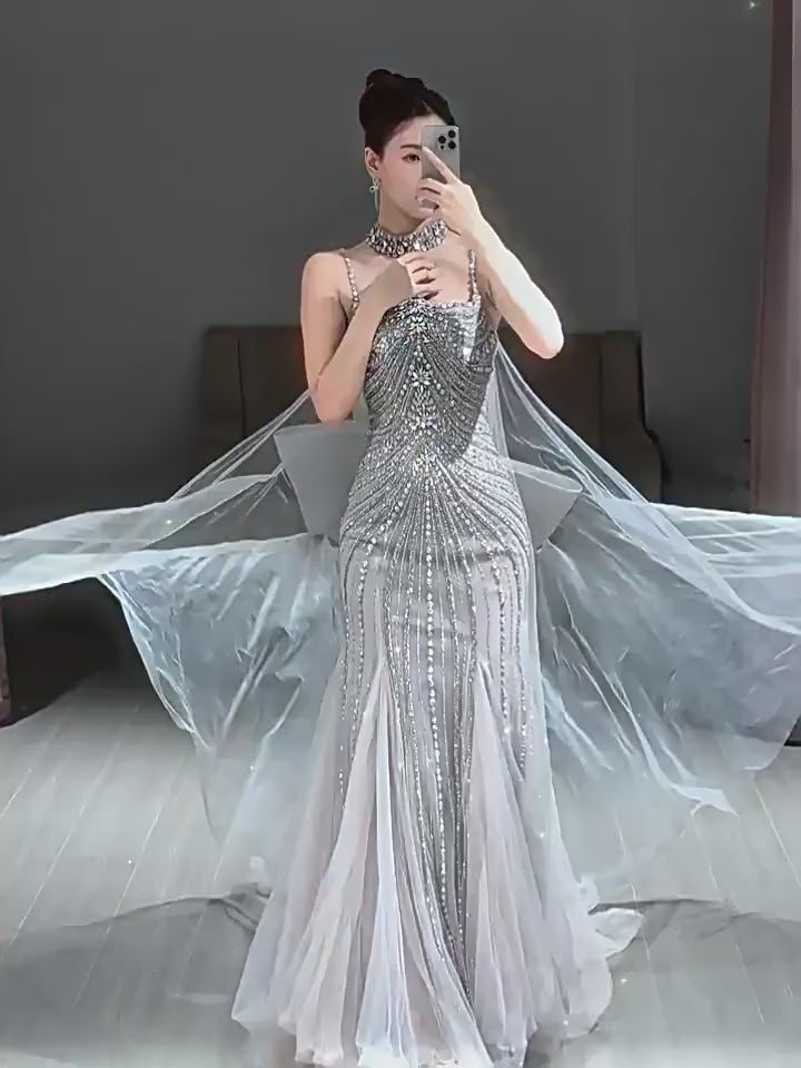 Sparkling Beaded Tulle Mermaid Evening Dress E006