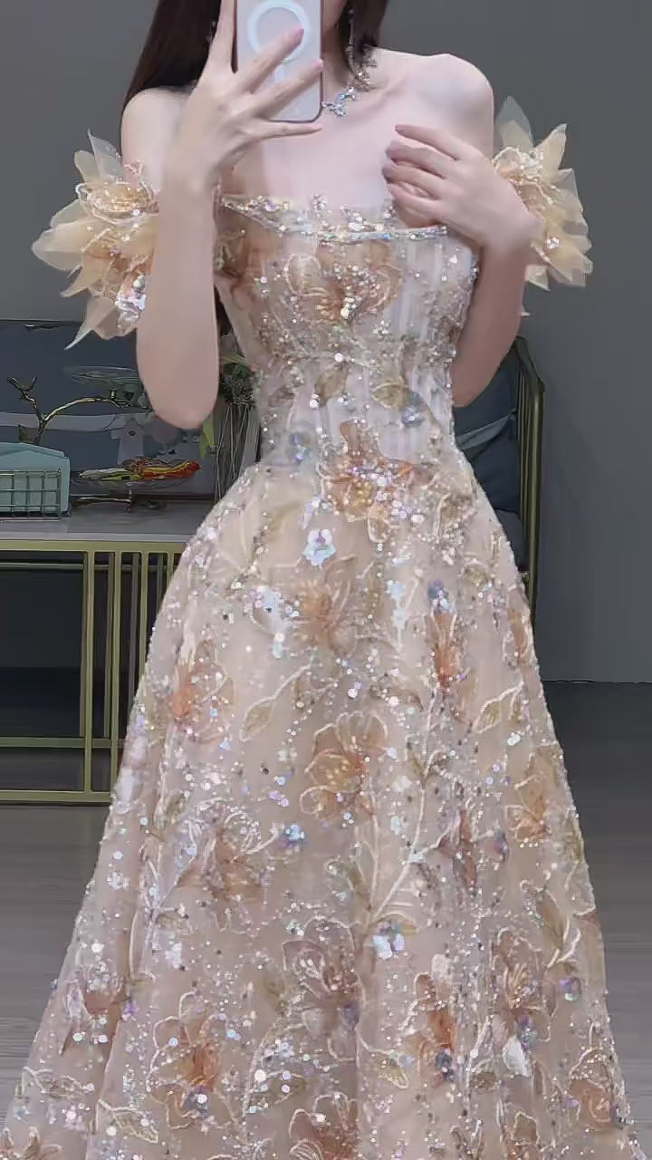 Luxury Champagne Floral Embroidered A-Line Evening Dress with Sequin SL202
