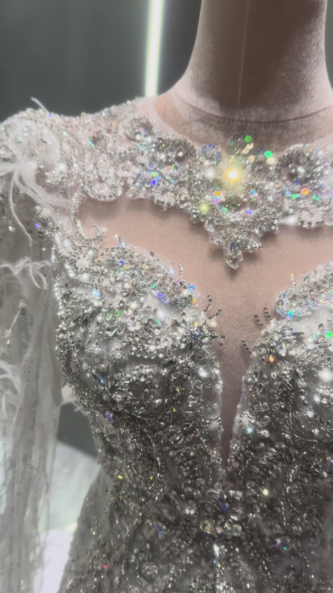Luxury Silver Beaded Mermaid Wedding Dress with Feather Cape Sleeves SL130