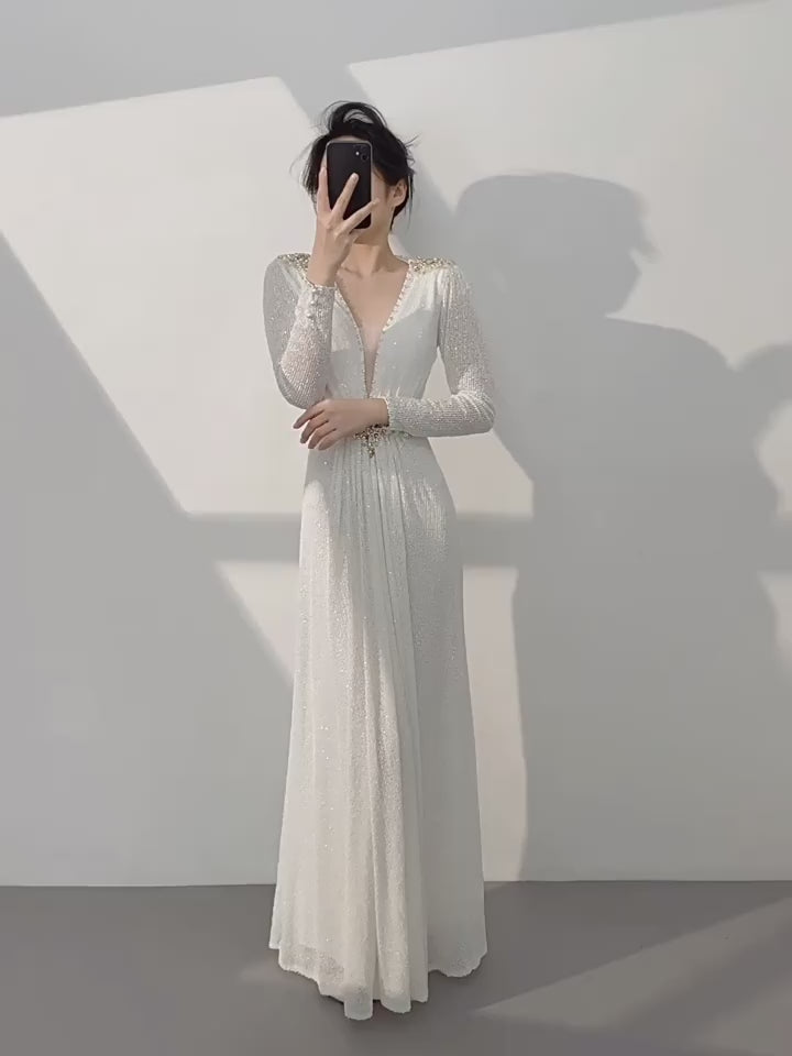 Elegant White Long Sleeve Sequin Evening Dress with Deep V Neck Floor Length Formal Gown SL510