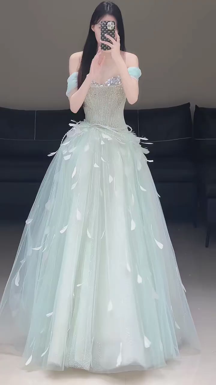 Mint Green Ball Gown Prom Dress with Detachable Sleeves and Lace-Up Back SL208