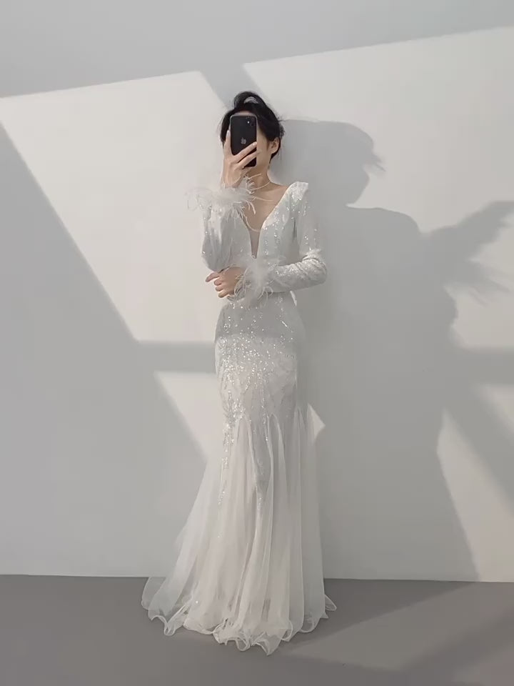 Luxury White Sequin Evening Dress with Deep V Neck and Feather Sleeves SL511