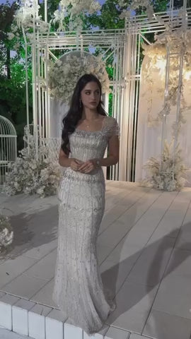 Elegant White Beaded Formal Dress with Short Sleeves SL209