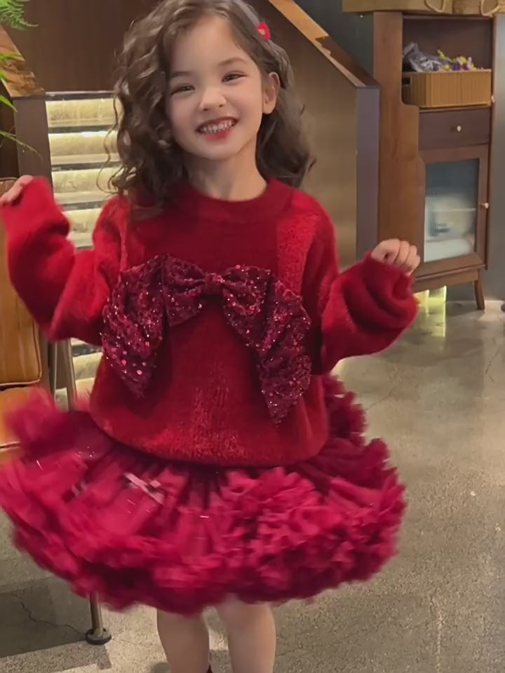 Little Princess Sparkling Red Two Piece Knit Top and Voluminous Tulle Skirt for Chrismas